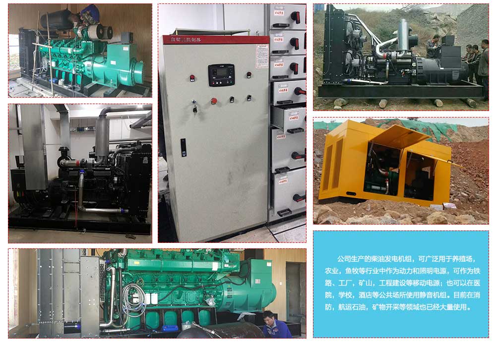        公司生產(chǎn)的柴油發(fā)電機(jī)組，可廣泛用于養(yǎng)殖場(chǎng)，農(nóng)業(yè)，魚牧等行業(yè)中作為動(dòng)力和照明電源，可作為鐵路、工廠，礦山，工程建設(shè)等移動(dòng)電源；也可以在醫(yī)院，學(xué)校，酒店等公共場(chǎng)所使用靜音機(jī)組。目前在消防，航運(yùn)石油，礦物開采等領(lǐng)域也已經(jīng)大量使用。